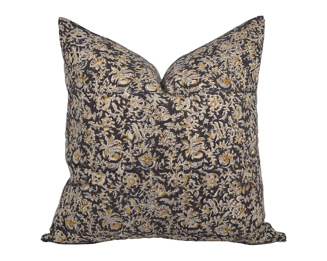 RAYA Black Beige Floral Pillow Cover Block Print Pillow - Etsy | Etsy (US)