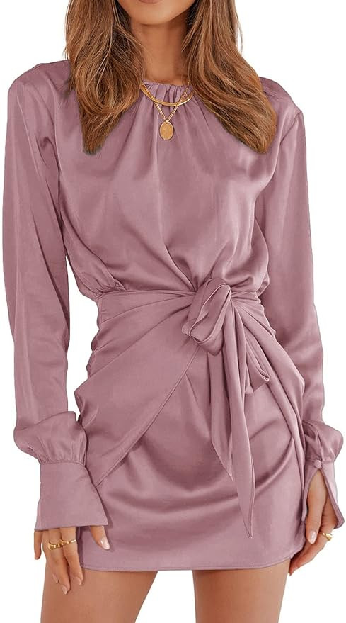 PRETTYGARDEN Women's 2022 Fall Satin Dress Long Sleeve Tie Waist Elegant Cocktail Party Mini Dres... | Amazon (US)