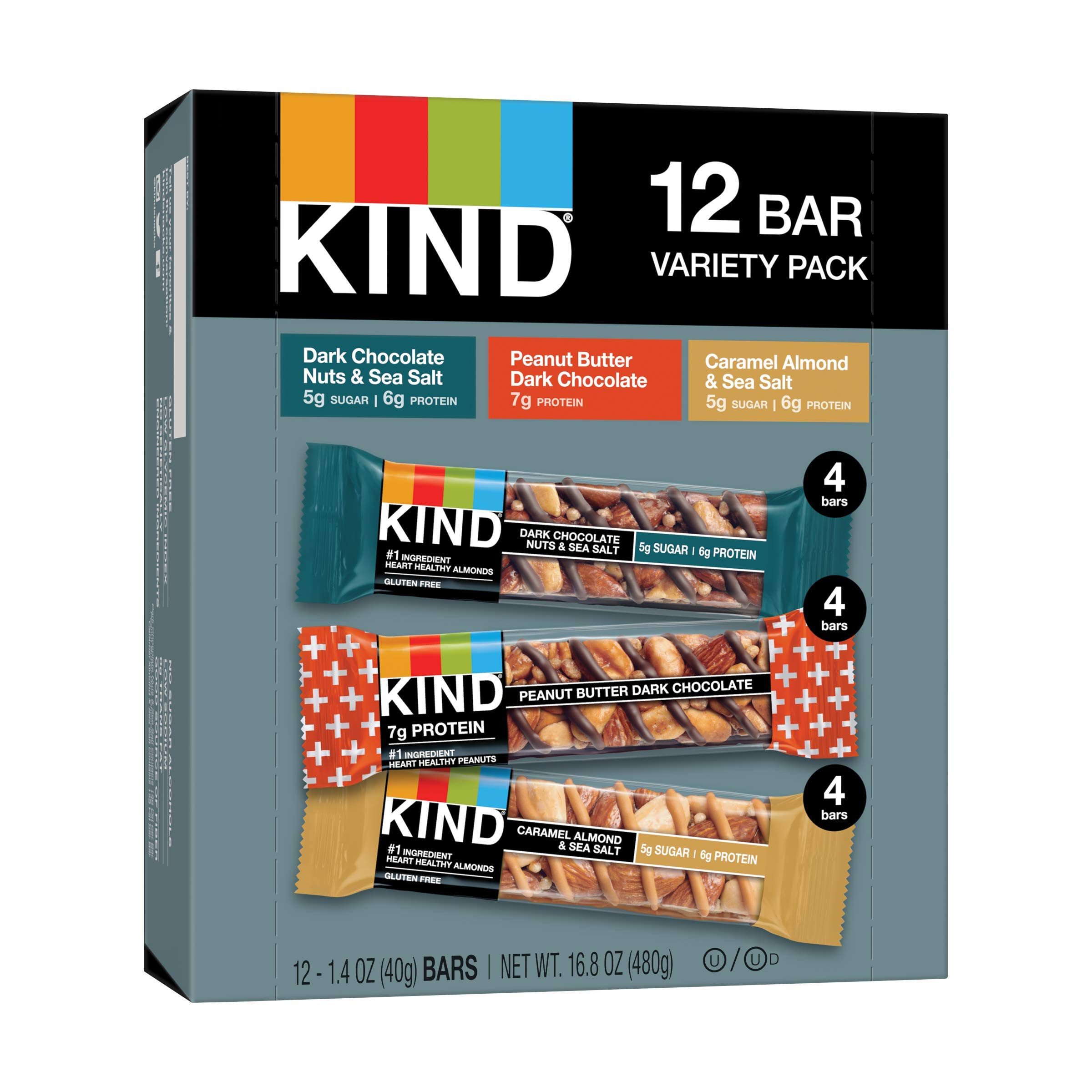 KIND Nut Bars, Variety Pack, Dark Chocolate Nuts & Sea Salt, Peanut Butter Dark Chocolate, and Ca... | Amazon (US)