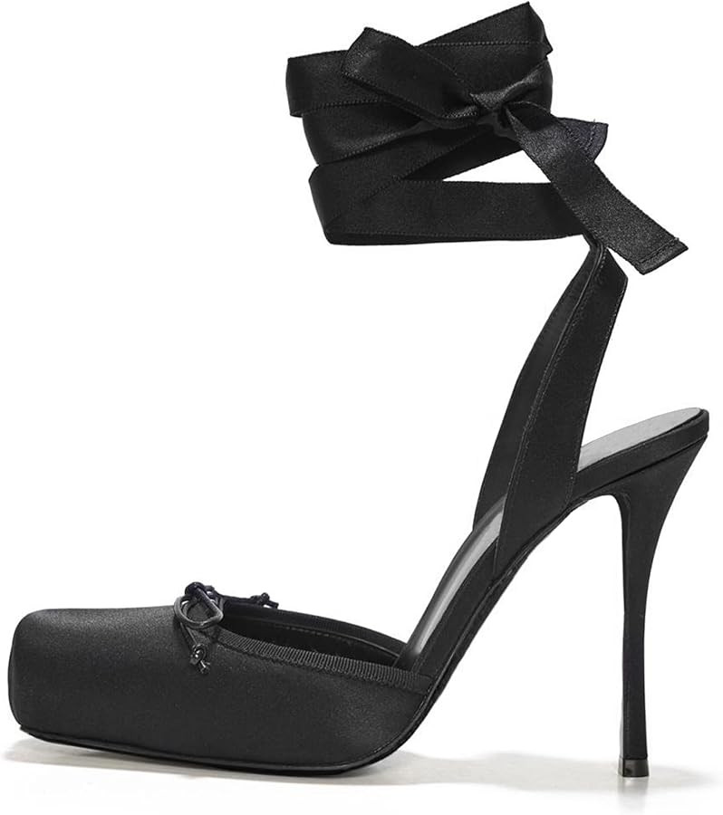 Satin Ballet Heels for Women Closed Square Toe Bow Ballerina Heels Lace Up High Heel Slingback Pu... | Amazon (US)