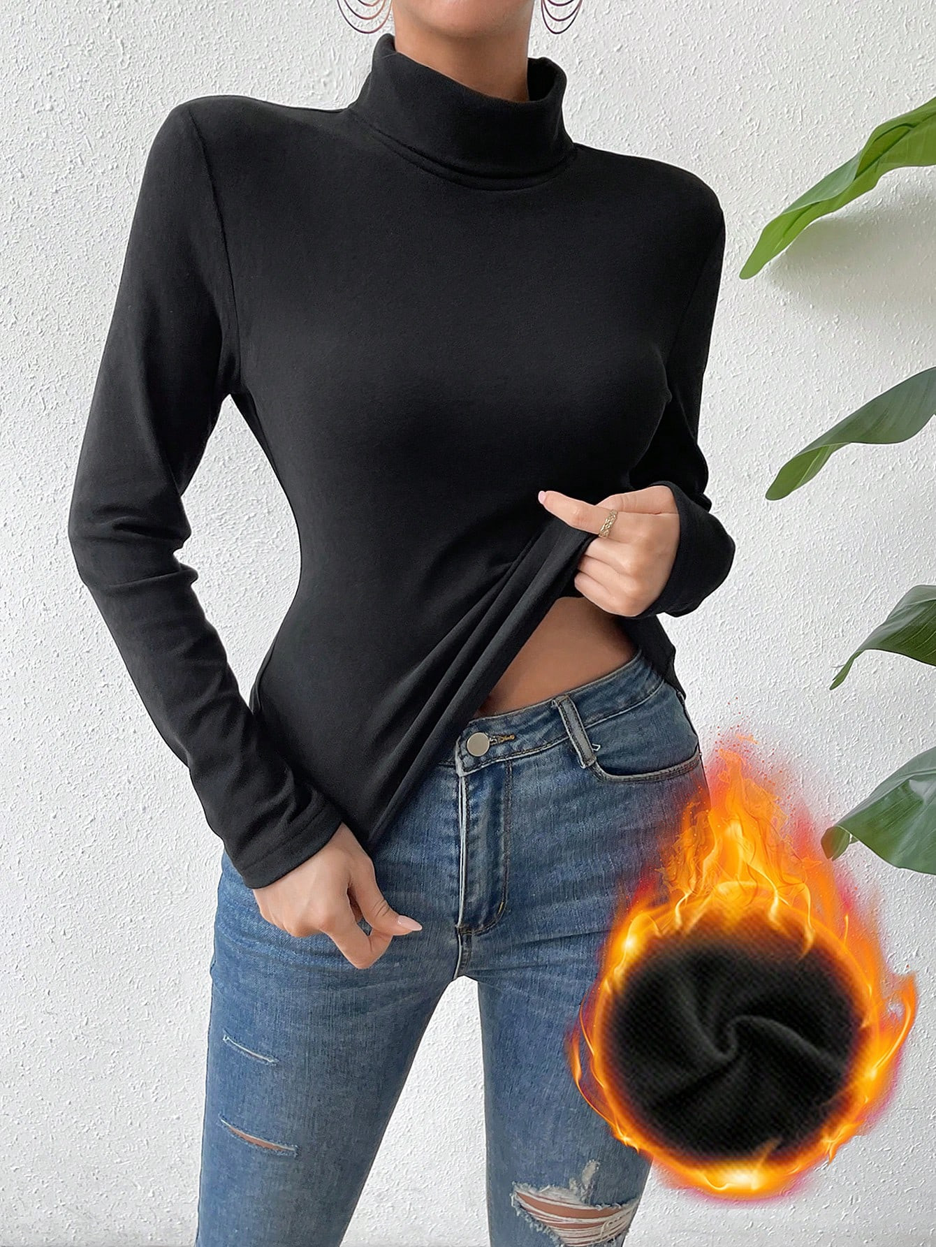 SHEIN Relaxiva Solid Turtleneck Thermal Tee | SHEIN