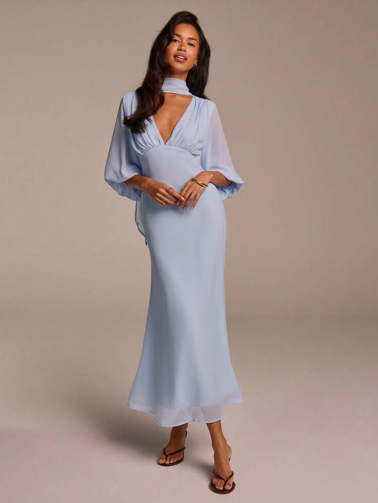 Women's Elegant Chiffon Light Blue Deep V-Neck Ruffle Puff Sleeve Fishtail Maxi Dress, Solid Color Casual Graceful Vacation Party Wedding Guest Bridesmaid Dress | SHEIN