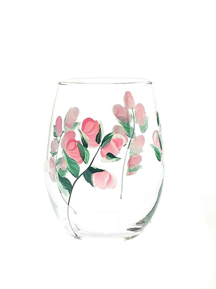Pink Rose Bud Flower Hand Painted Stemless Wine Glass - Perfect Mother's Day Gift - Spring Summer Wine Glasses - 15 oz Stemless Wine Glass | Amazon (US)