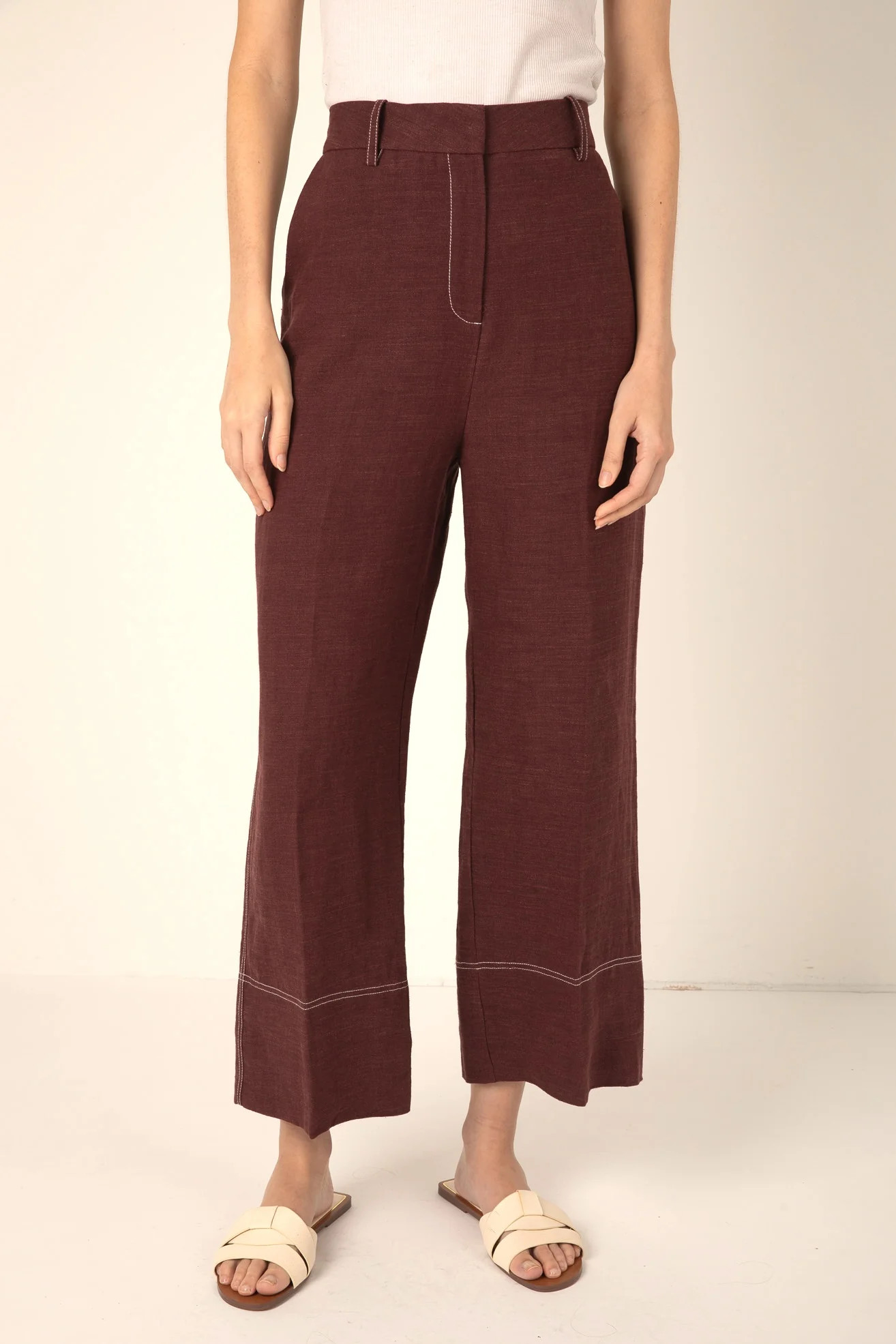 Women's Wide Leg Linen Trousers in Burgundy | Vivere London
