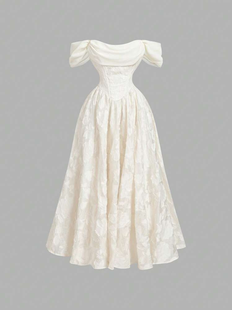 SHEIN MOD Apricot Open Shoulder Mid-Length Dress, Ball Gown, Prom Dress White | SHEIN