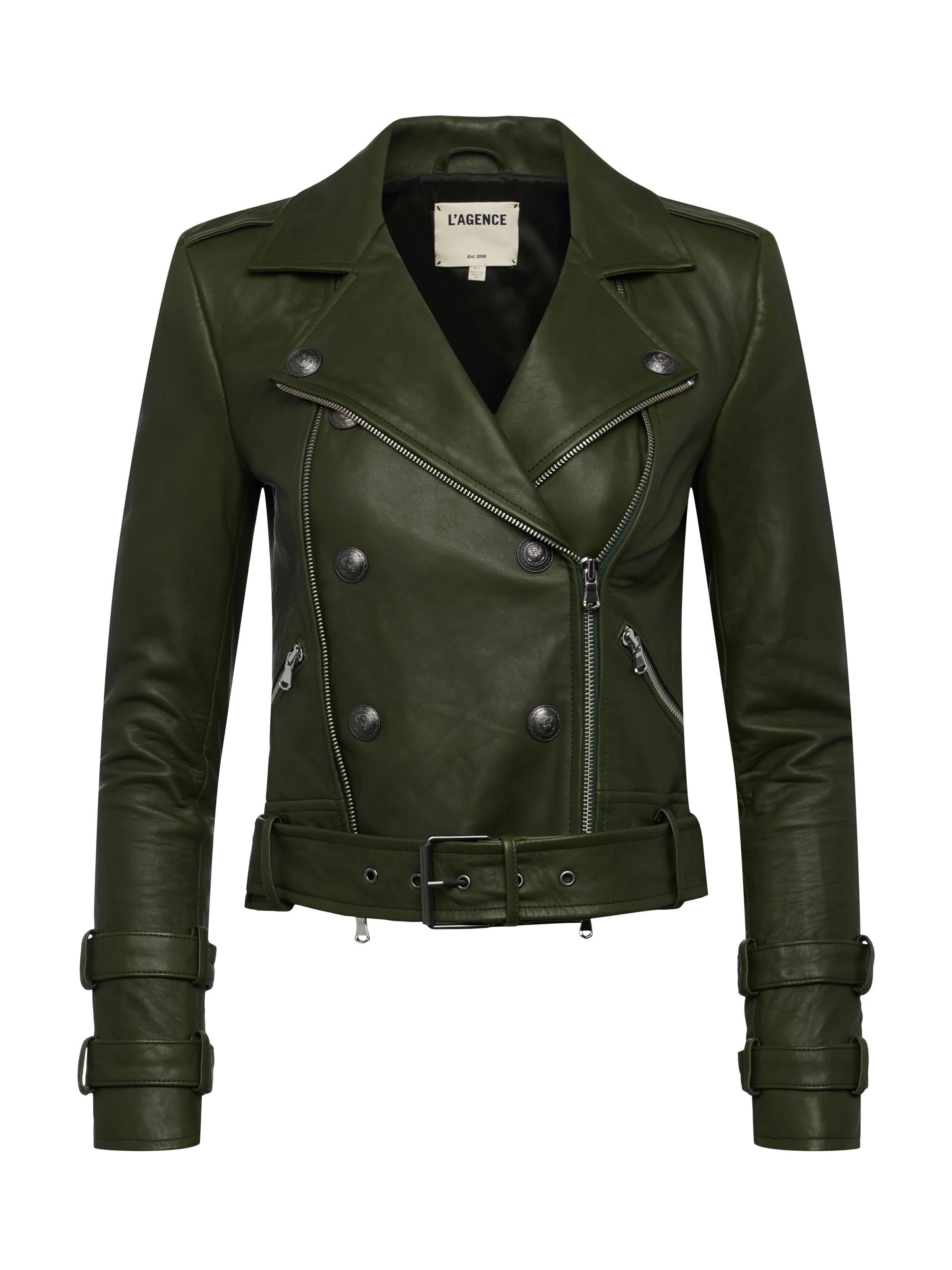 L'AGENCE Billie Belted Leather Jacket In Dark Moss | L'Agence
