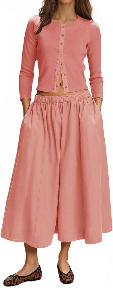 Tankaneo Womens 2 Piece Skirt Sets 3/4 Sleeve Knit Cardigan Elastic Waist Midi Skirt Outfits Casu... | Amazon (US)