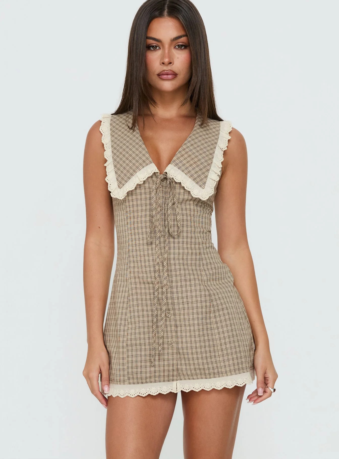 Mayci Collared Lace Trim Romper Brown Check | Princess Polly US