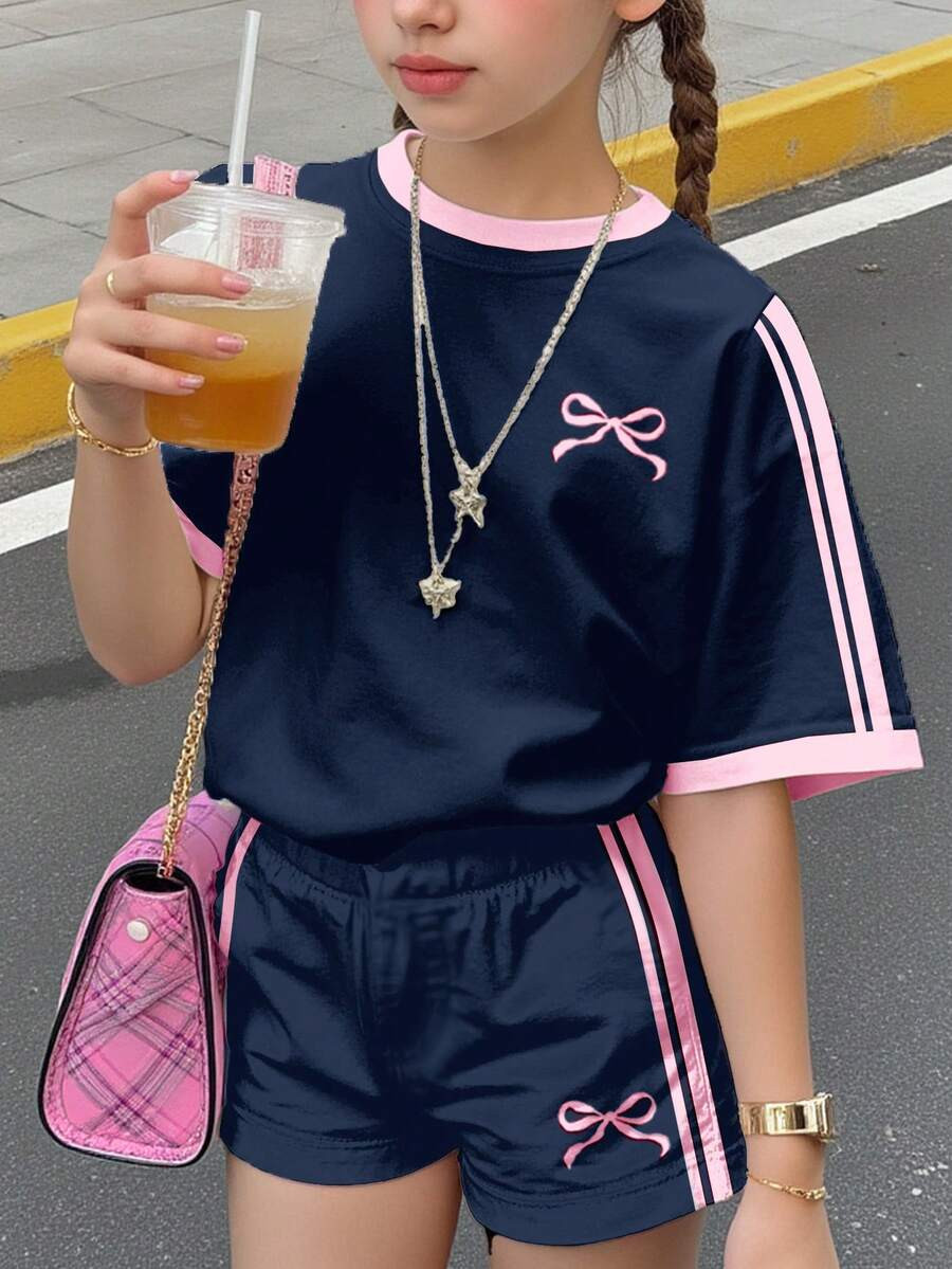 2pcs/Set Tween Girls Casual Navy Blue,Cute Mini Bow Pattern Contrast Pink Striped T-Shirt And Sho... | SHEIN