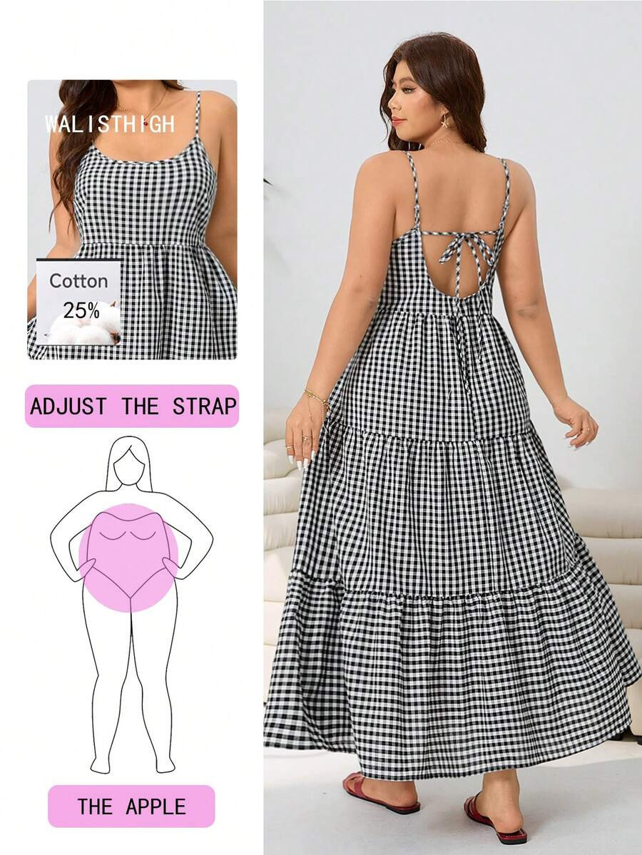 Solflare Summer Boho Western Elegant Black And White Gingham Dress,Women's Plus Size Backless Max... | SHEIN