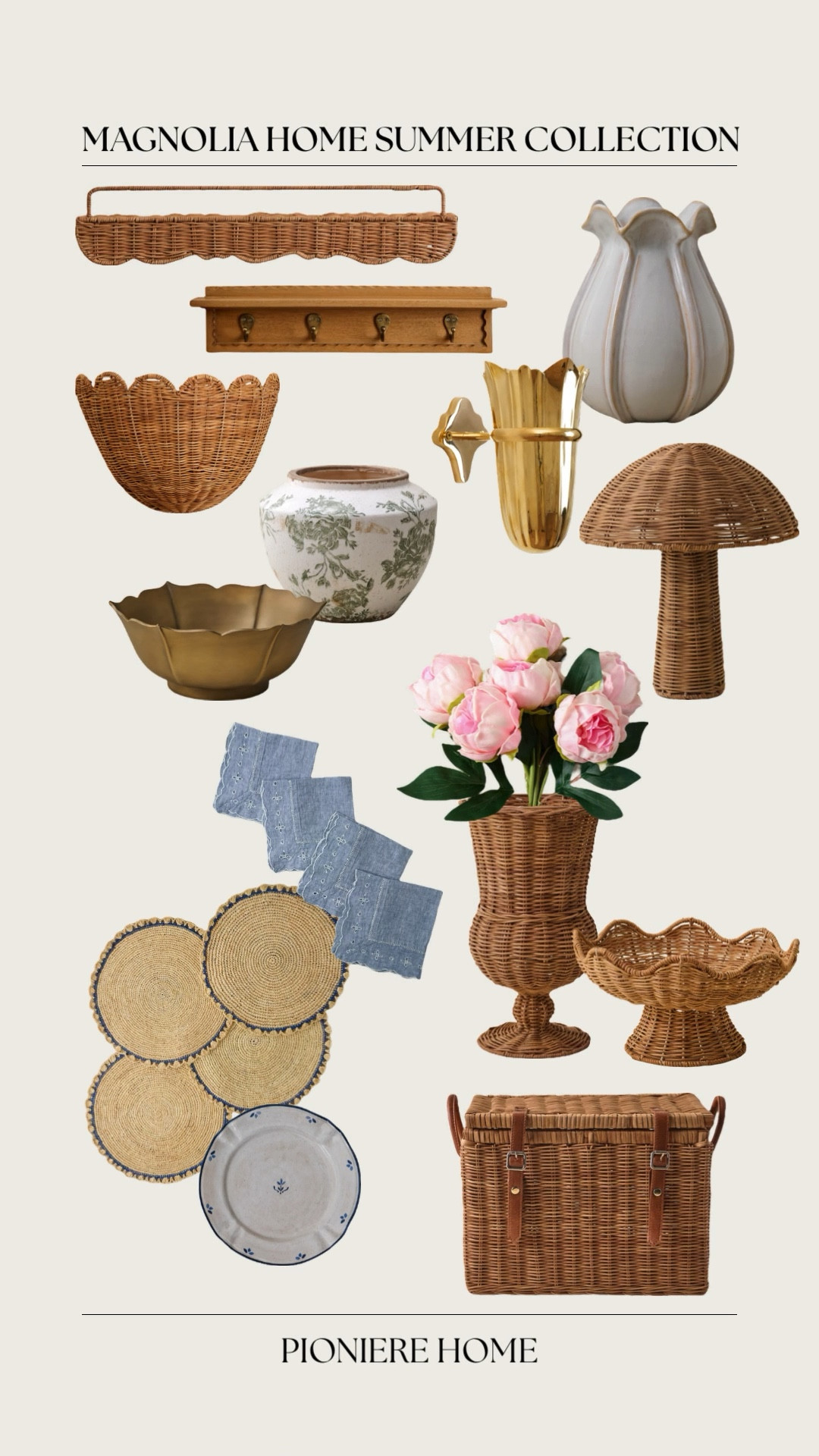 Magnolia home summer collection. Woven decor, vases, faux florals, rattan lamp, rattan vase, vintage inspired decor, affordable home decor , floating shelves 

#LTKHome #LTKSeasonal