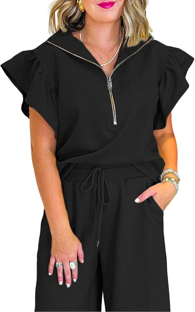SELINK Two Piece Sets for Women Summer Outfits Ruffle Cap Sleeve Zip Top Wide Leg Pants Lounge Se... | Amazon (US)