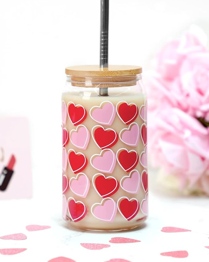 Valentine's Day Beer Can Glass Iced Coffee Cups 16 OZ Mason Jar Cup with Bamboo Lid Metal Straw a... | Amazon (US)