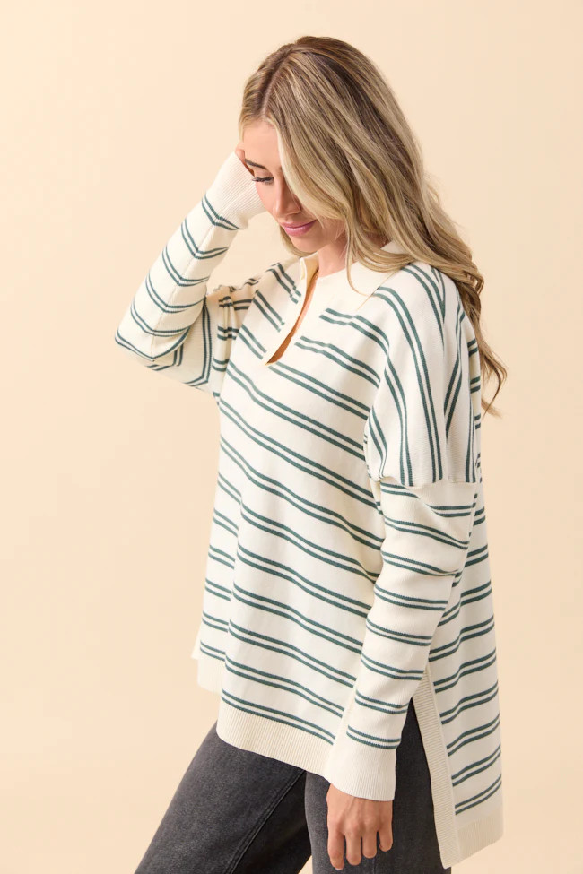 Jurnee Ivory and Green Striped V-Neck Sweater | Pink Lily