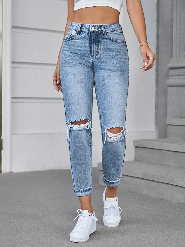 High Waist Ripped Tapered Jeans Without Belt | SHEIN