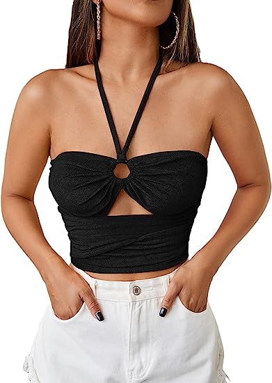 SheIn Women's O Ring Cut Out Tie Back Halter Top Sleeveless Crop Camisole | Amazon (US)