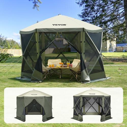 VEVOR Pop Up Gazebo Screen Tent 6 Sided Canopy Sun Shelter with 6 Removable Privacy Wind Cloths & Mesh Windows, 10x10FT Quick Set Screen Tent with Mosquito Netting, Army Green | Amazon (US)