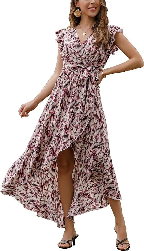 GRECERELLE Women's Summer Floral Print Cross V Neck Dress Bohemian Flowy Long Maxi Dresses | Amazon (US)