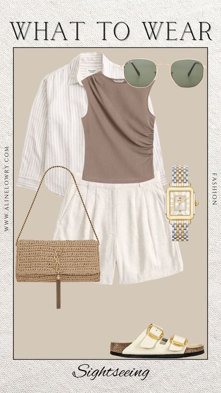 What to wear to go sightseeing. Casual summer vacation outfit idea. Linen shorts, tan tank top, striped button down, sandals. 

#LTKstyletip #LTKU #LTKitbag
