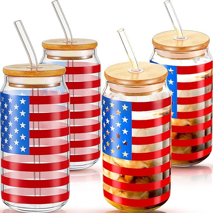 4 Set 16 oz American Flag Glass Cups with Lids and Straws 4th of July Iced Coffee Cups American F... | Amazon (US)