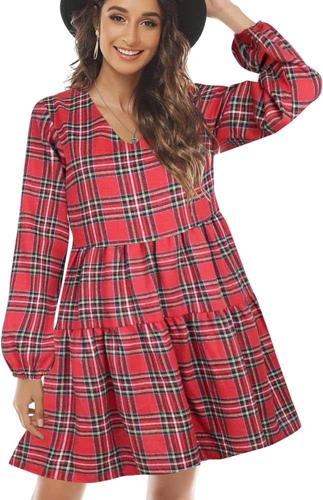 FANCYINN Womens Long Sleeve Buffalo Plaid Shift Tunic Dress Ruffle Hem Vneck Casual Swing Babydol... | Amazon (US)