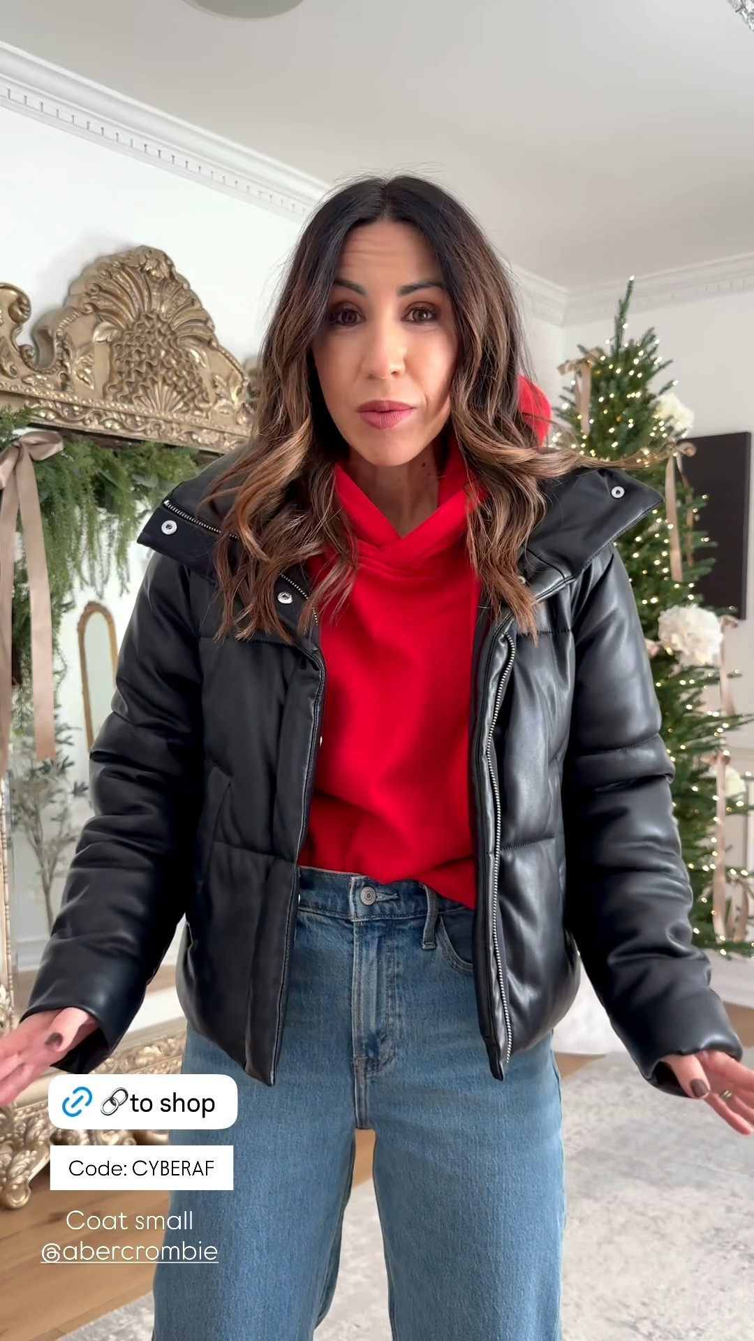 Code CYBERAF. Small vegan puffer coat, small red hoodie, 25 short jeans. I cut them. Faux leather coat.

#LTKOver40 #LTKCyberWeek #LTKSaleAlert