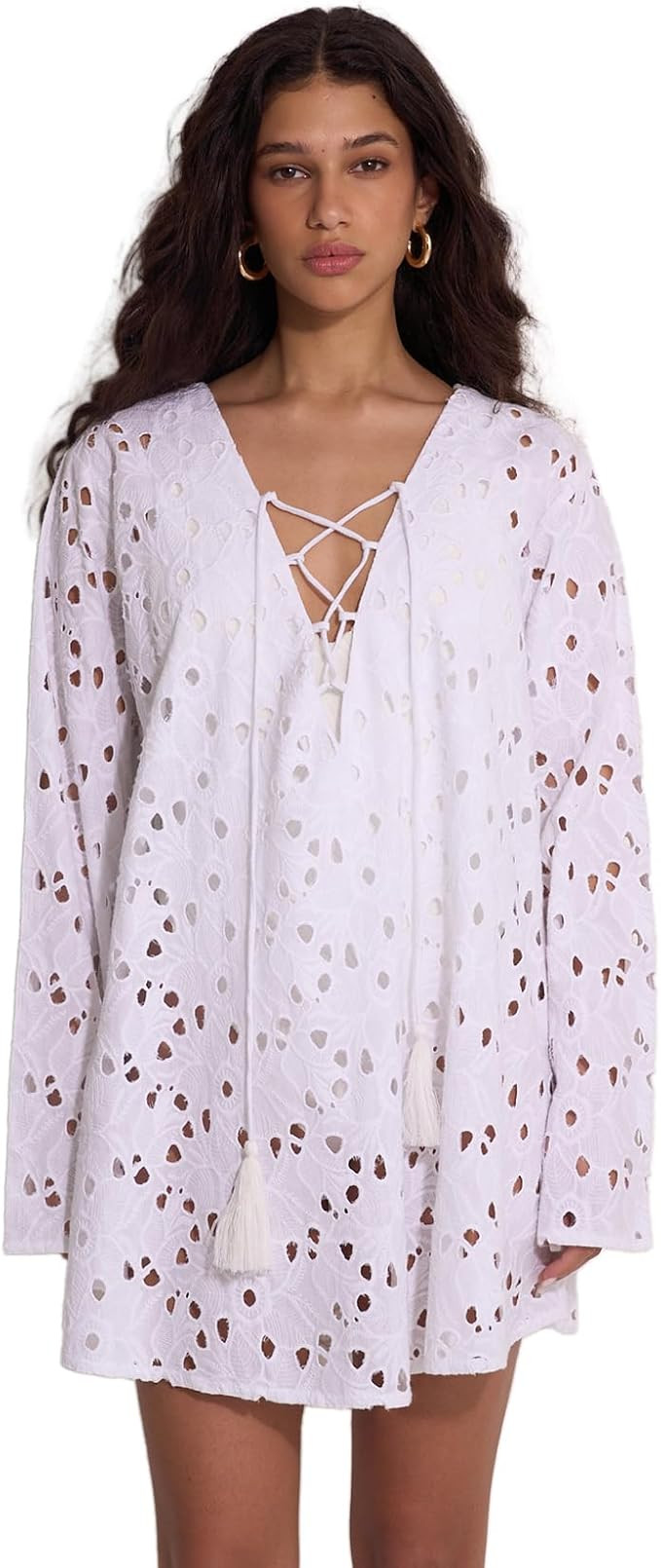 Gottex Beach Life Coastal Lace Mini Dress Cover-Up - Long Wide Sleeves, Front Tie Detail with Tas... | Amazon (US)