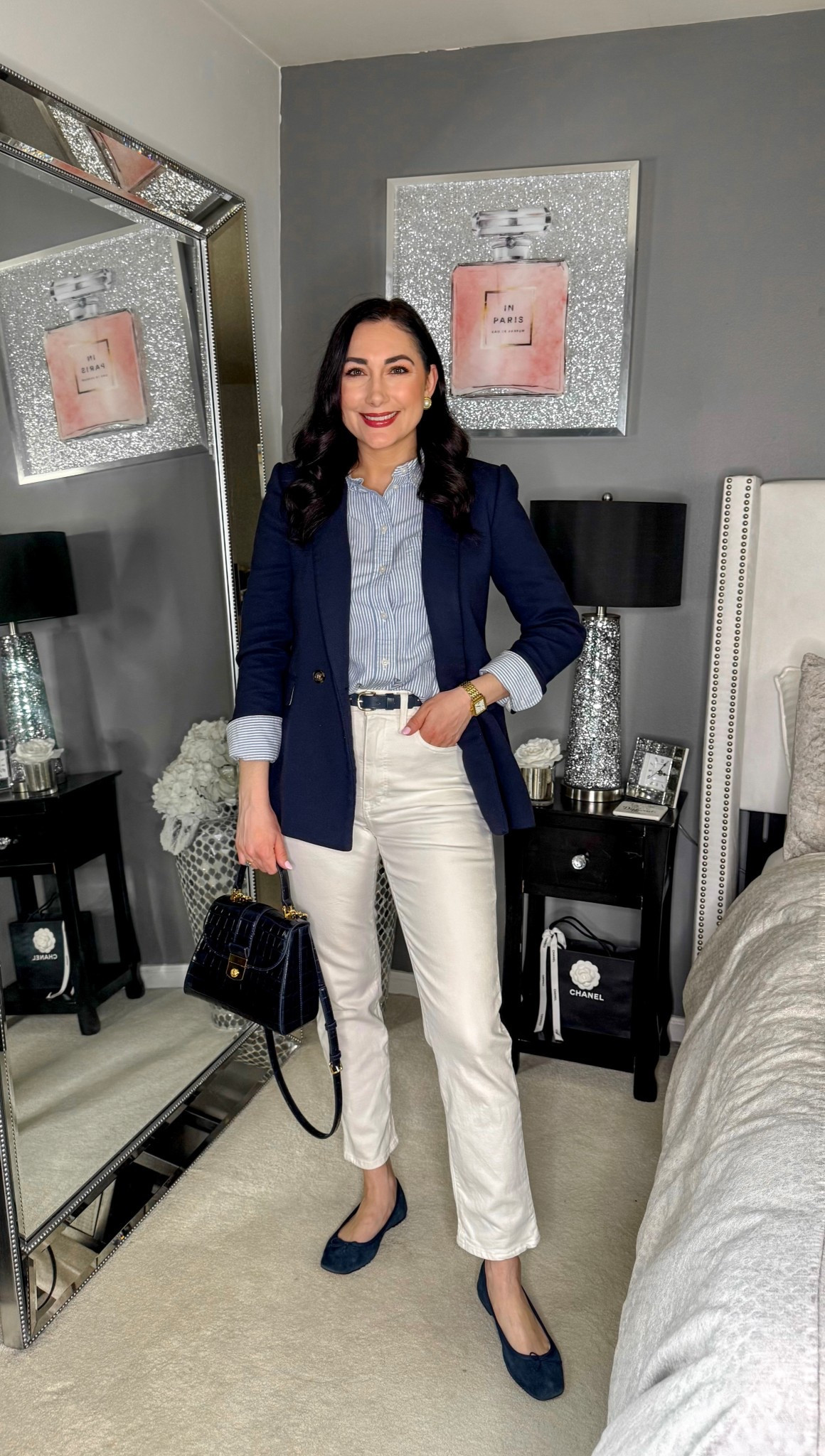 Smart casual spring outfit 💙🤍

Navy blazer 
Blue and white striped collar button up 
Off white jeans 
Navy ballet flats 

Preppy outfit 
Work wear 
Office outfit 
Work outfit 

#LTKSeasonal #LTKWorkwear