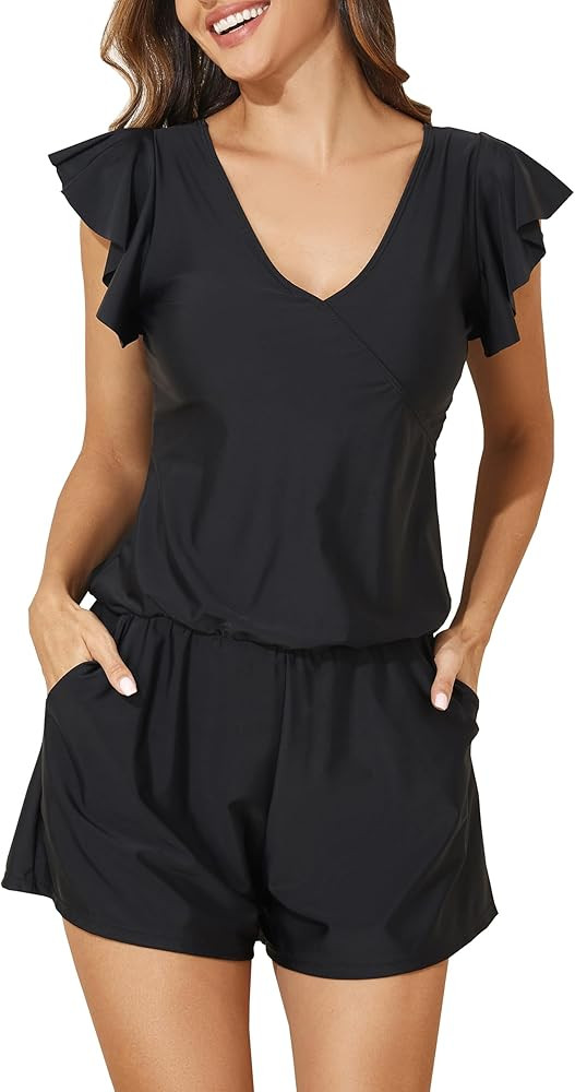 Smismivo Swim Romper with Built in Bra and Pockets Swim Dress Modest One Piece Swimsuit Full Cove... | Amazon (US)