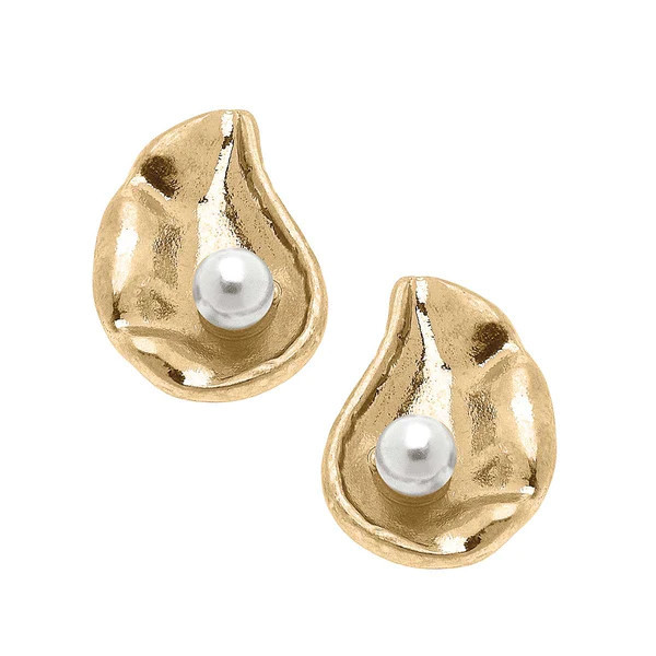 Oyster with Pearl Stud Earrings in Worn Gold | CANVAS
