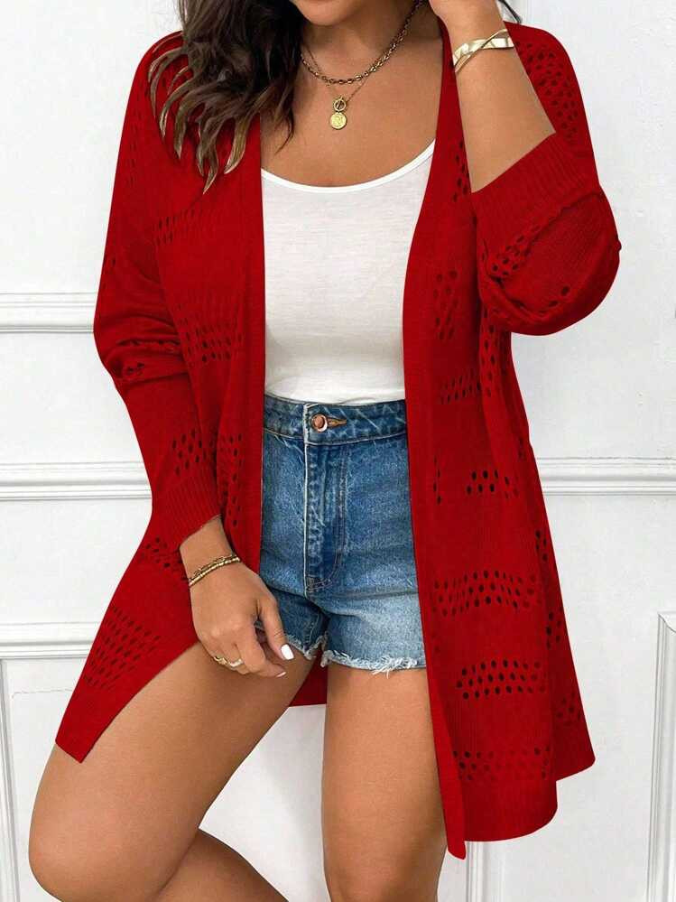 Elenzga Halloween Plus Size Casual Versatile Solid Color Hollow-Out Knitted Cardigan Fall Winter Cloth For Women Autumn | SHEIN