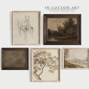 Vintage Neutral Moody Gallery Wall SET / European Wall Art Set of 5 / Dining Room Home Decor / Figure Sketch, Tree Drawing, Landscape | S16 | Etsy (US)