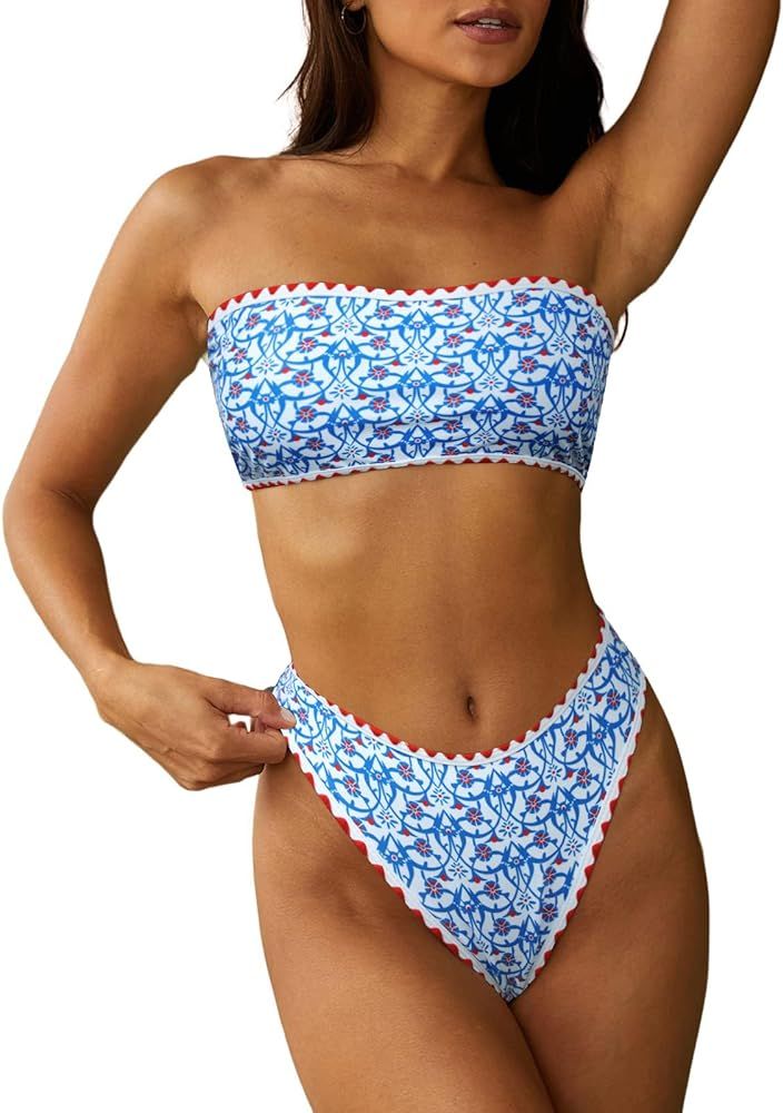 ZAFUL Women Strapless Wave Bandeau Bikini 2 Piece Swimwear Cheeky Solid Lace up Bathing Suits | Amazon (US)
