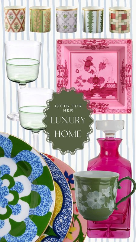 Luxury gifts for the home - Such special gift ideas for her this Christmas season! 

Luxury candles, sage green wine glasses, jewelry dish, fancy plate set, green floral coffee mug, Estelle colored decanter, lux gifts for the holidays, gift guide for mom, sister, grandma, friend 

#LTKGiftGuide #LTKhome #LTKstyletip