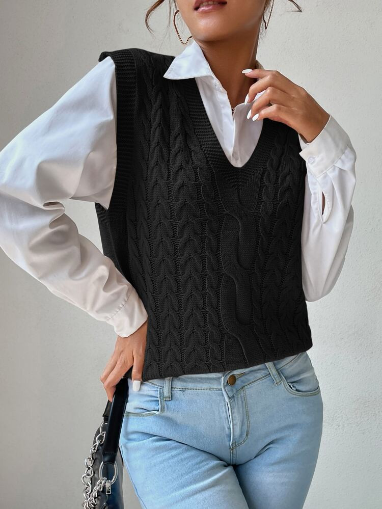 V Neck Cable Knit Sweater Vest | SHEIN