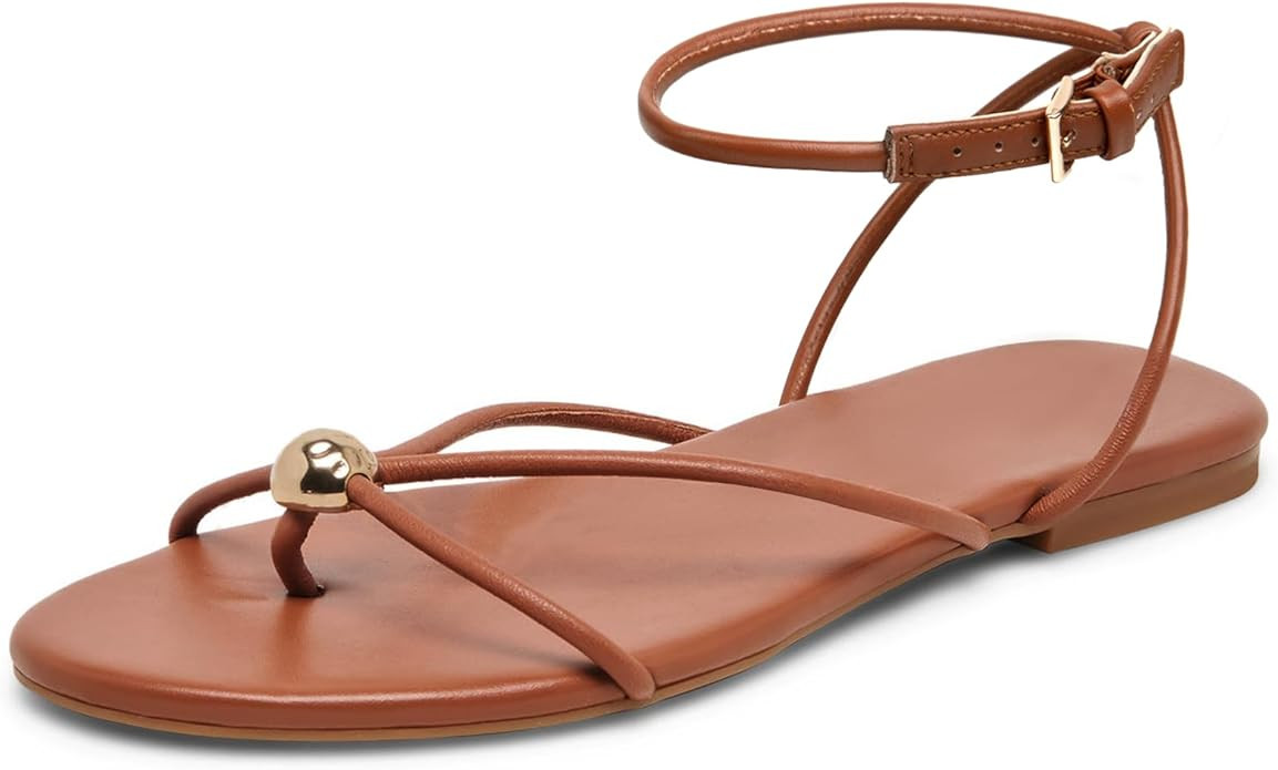 Women's Strappy Flat Sandals Dressy Comfortable Round Toe Thong Sandal Summer Flip Flops | Amazon (US)