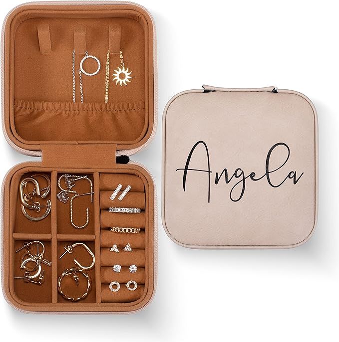 Personalized Leather Jewelry Box with Name, Custom Engraved Jewelry Organizer Case - Adjustable C... | Amazon (US)