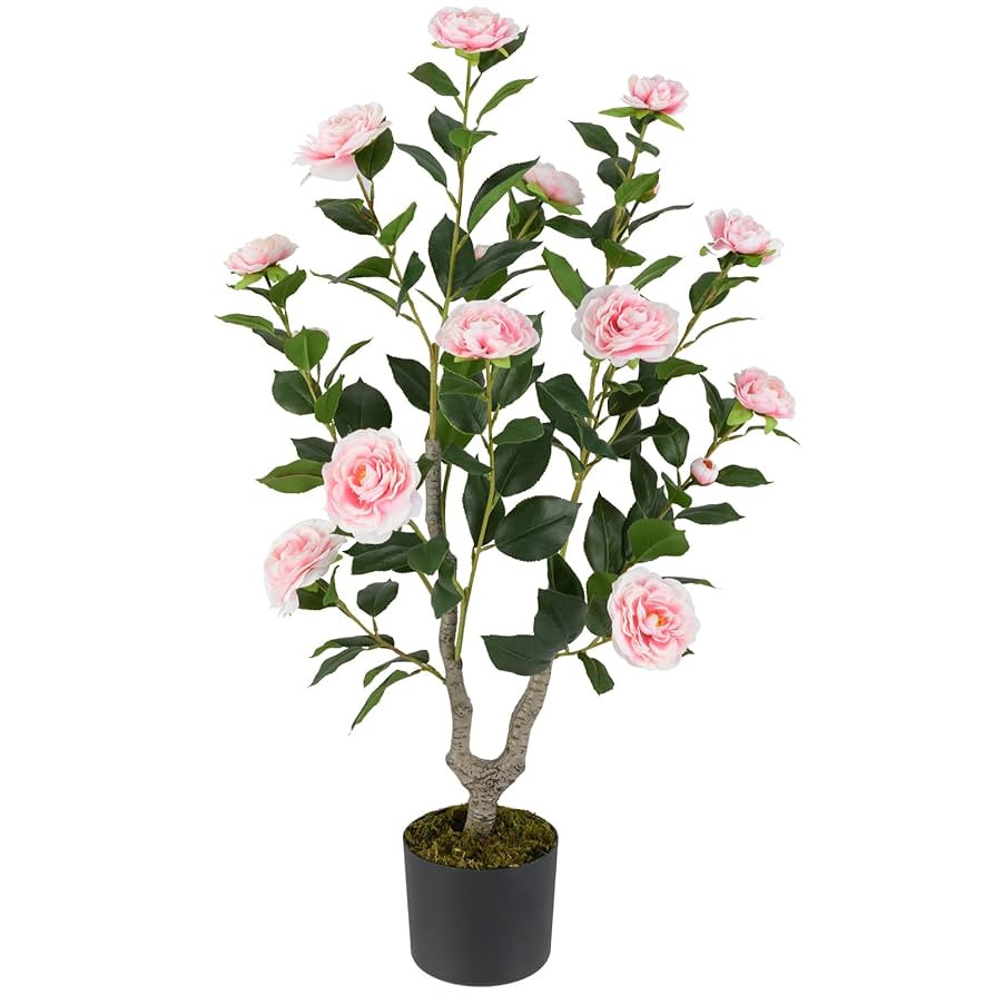 Goplus 36’’ Artificial Camellia Tree, Flower Plants Artificial Tree, Faux Floral Plant Bloomi... | Amazon (US)
