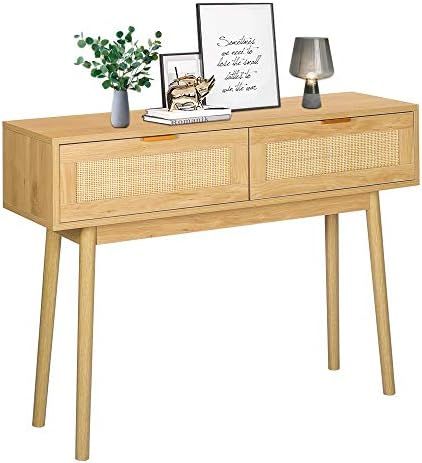 LAZZO 39" Console Table, Oak Grain Sofa Table with Wood Frame, Rustic Hallway Table with 2 Bamboo... | Amazon (US)
