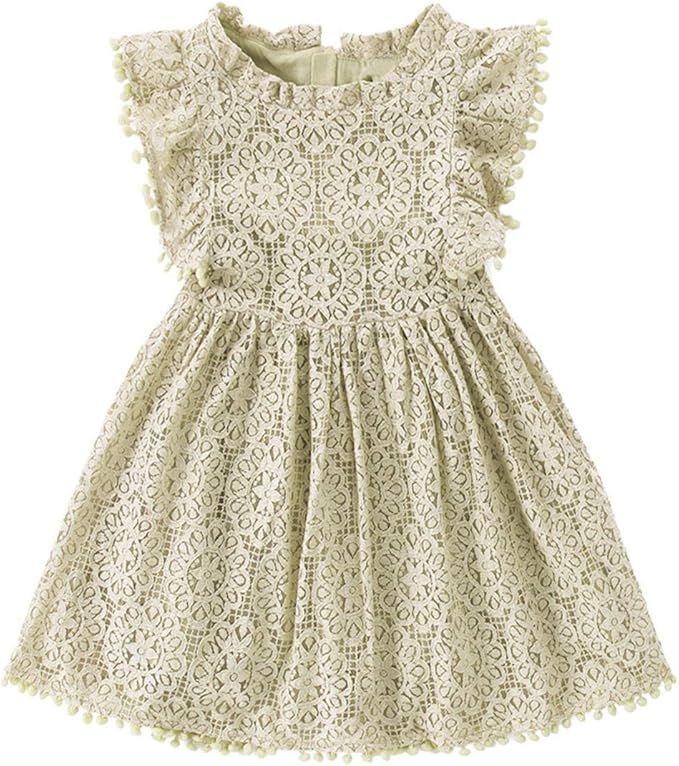 Niyage Toddler Girls Elegant Lace Pom Pom Flutter Sleeve Party Princess Dress | Amazon (US)