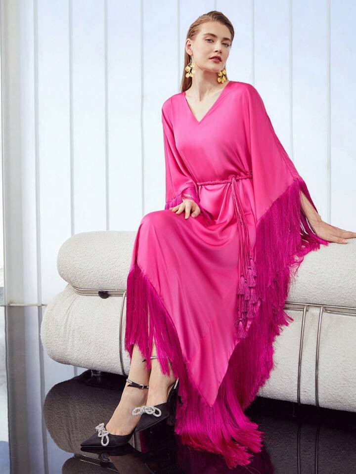 MOTF PREMIUM BELTED FRINGE KAFTAN DRESS | SHEIN