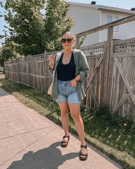 Casual summer ootd - most pieces on sale!! halter top with built in bra (size M), longer length denim shorts (size 12), my fave button up shirt (size S), chunky black sandals (TTS), linked similar bag

Midsize fashion, summer outfit ideas, slicked back hairstyle


#LTKstyletip #LTKSeasonal #LTKcurves