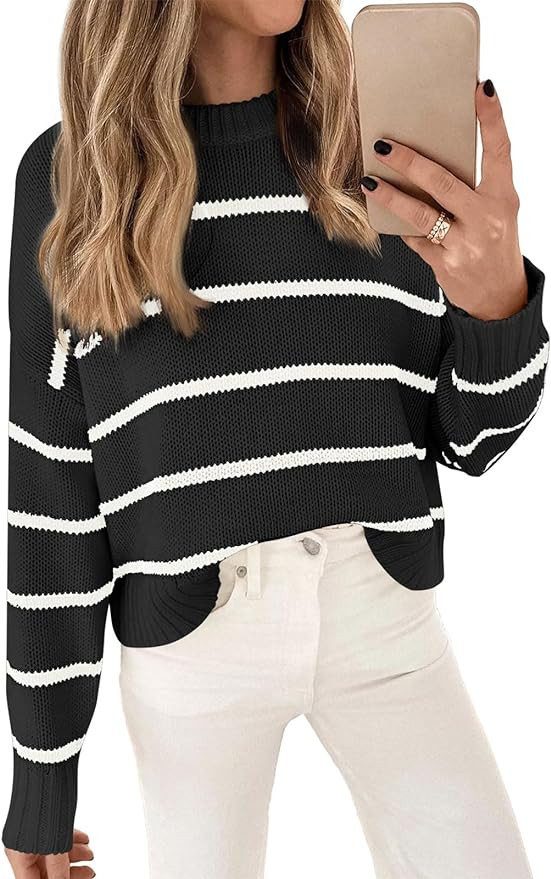 LILLUSORY Womens Striped Sweater Pullover Crewneck Knit Long Sleeve Cable Knitted Sweaters | Amazon (US)
