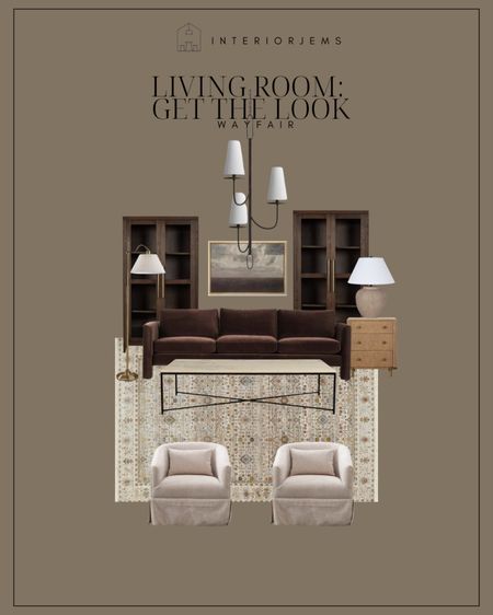 Wayfair living room, brown velvet sofa, neutral, Accent chair, look for less table, lamp, modern invention, chandelier, brown bookcase, display case, living room, furniture on sale, neutral, area, rug, or lamp

#LTKsalealert #LTKstyletip #LTKhome