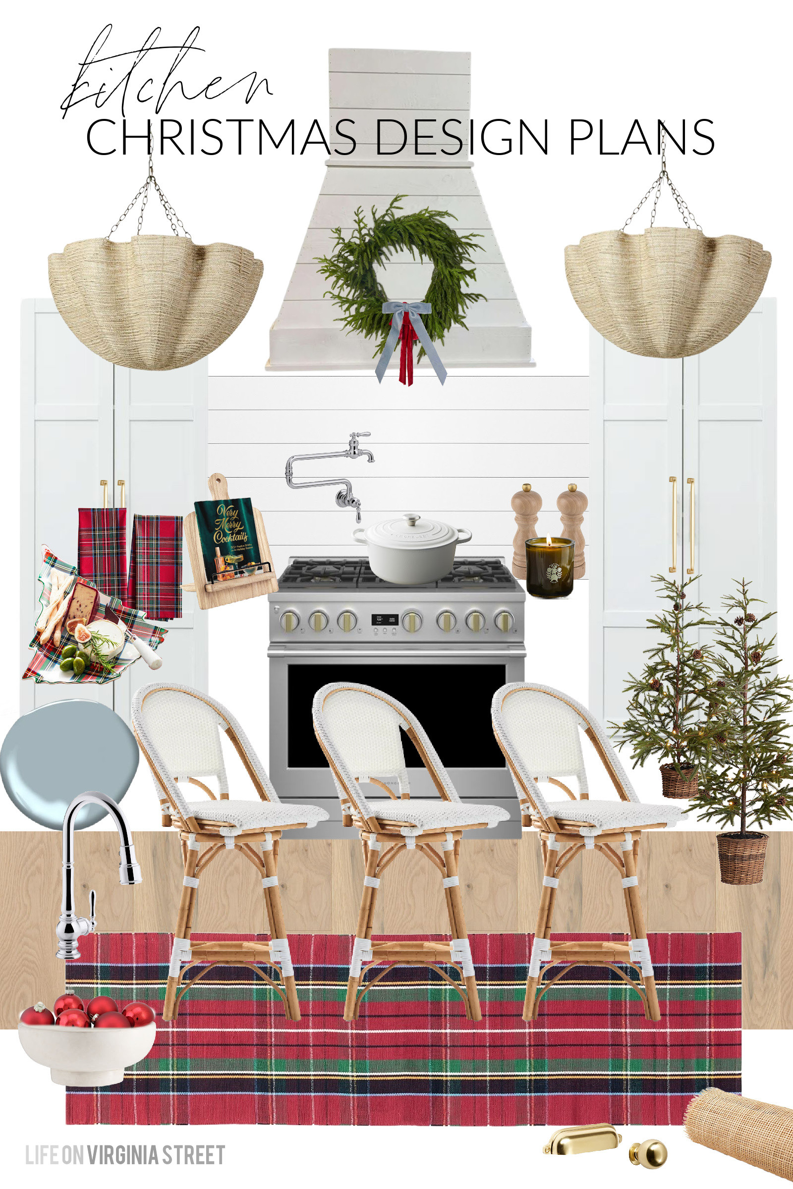 Christmas decorating plans for our coastal kitchen! In addition to our scalloped chandeliers, white swivel counter stools, and gold hardware, I plan to add a wreath over the range, plaid Christmas towels, a Stewart plaid runner rug, mini Christmas Trees, plaid serving dishes, and a bowl filled with ornaments! See all of my Christmas design plans here: https://lifeonvirginiastreet.com/2024-christmas-design-boards/. #ltkholiday #ltkhome #ltkseasonal #ltksalealert #ltkfindsunder50 #ltkfindsunder100 #ltkstyletip 

 

#LTKHoliday #LTKHome #LTKSaleAlert