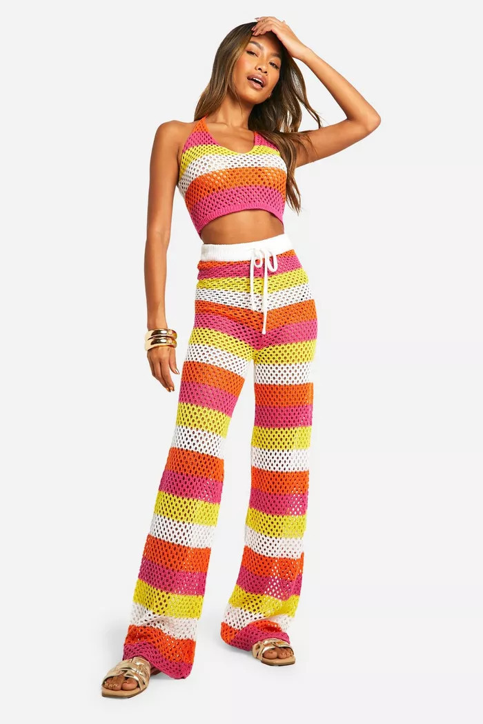Stripe Crochet Bralette And Wide Leg Pants Knitted Set | boohoo (US & Canada)