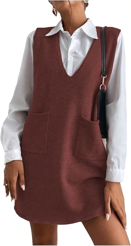 OYOANGLE Women's V Neck Sleeveless Knitted Solid Short Sweater Dress with Pockets | Amazon (US)