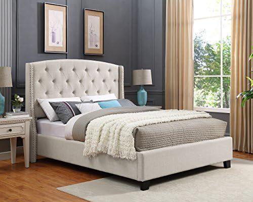 Roundhill Furniture Nantarre Fabric Tufted Wingback Upholstered Bed with Nailhead Trim, King, Tan | Amazon (US)