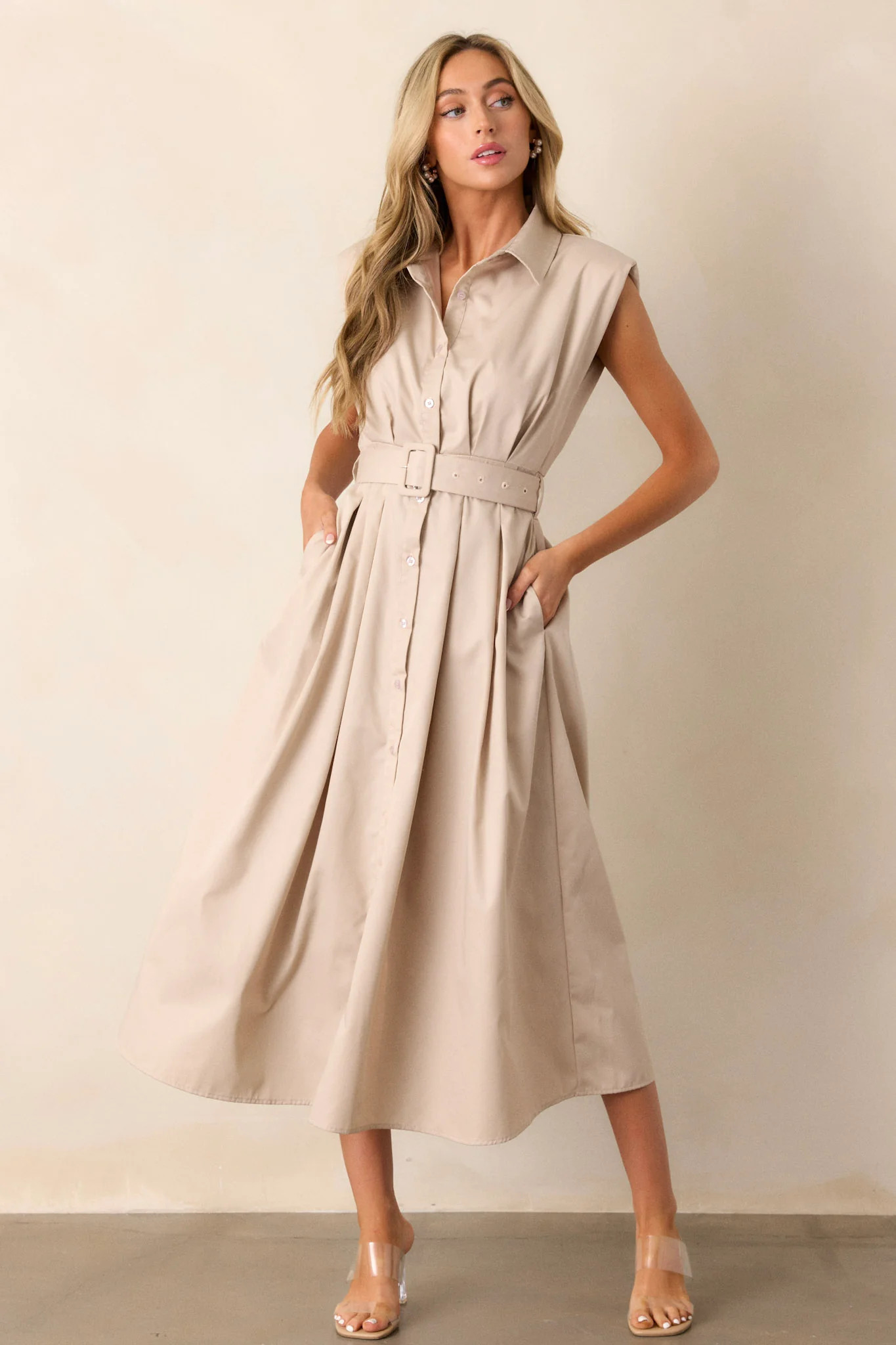 Days Go By Beige Belted Midi Dress | Red Dress