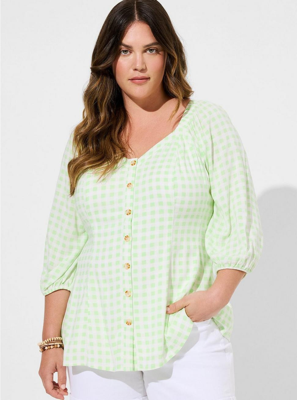 Fit & Flare Rayon Slub Button Up 3/4 Sleeve | Torrid (US & Canada)